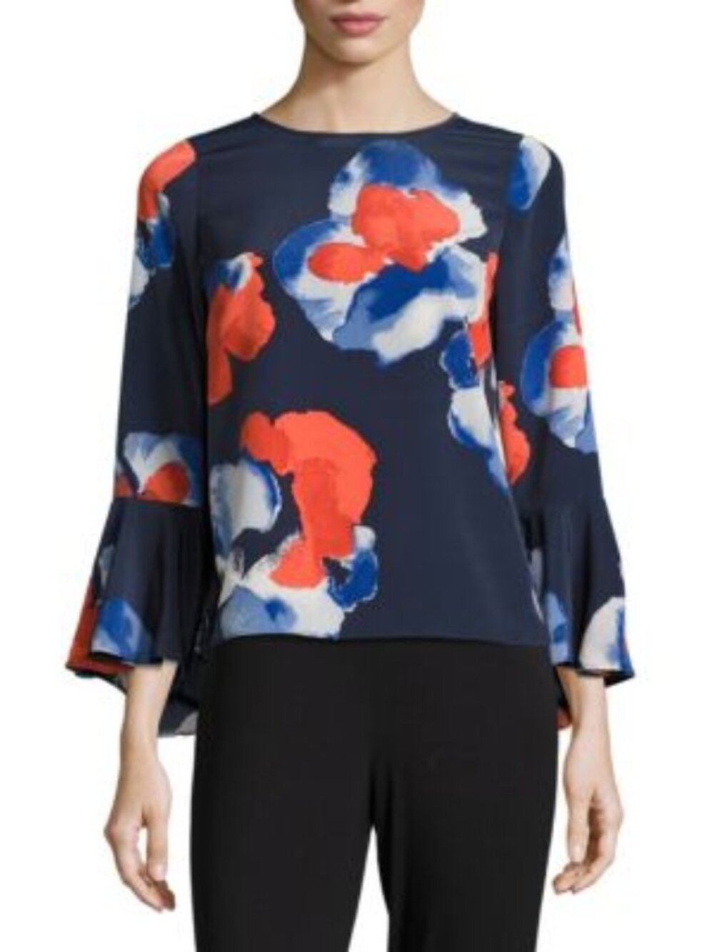 H-Halston Floral Print Top – Bell Sleeves with Back Bow